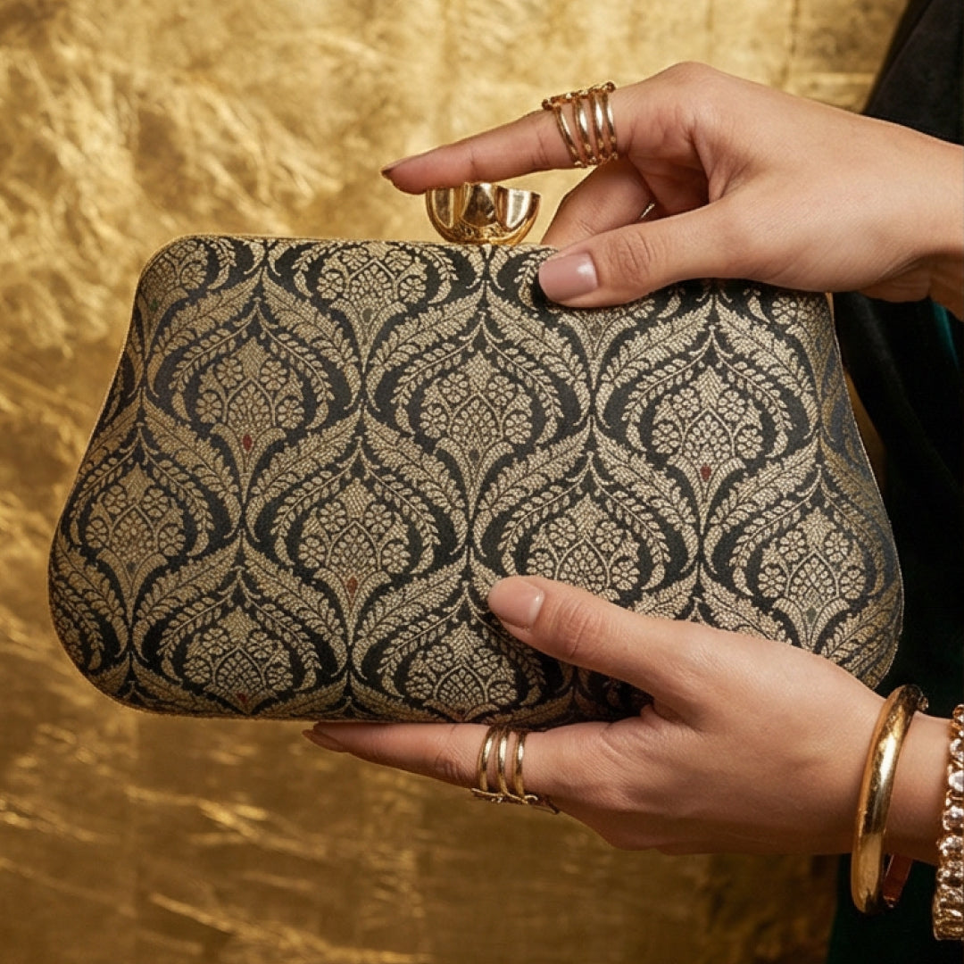Black Golden Pure Banarasi Brocade 2-in-1 Clutch & Sling Bag with Diamond Top
