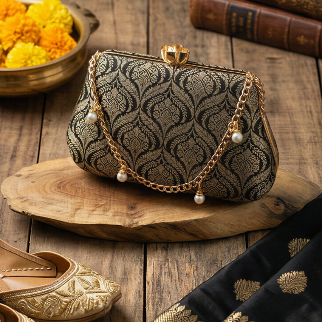 Black Golden Pure Banarasi Brocade 2-in-1 Clutch & Sling Bag with Diamond Top