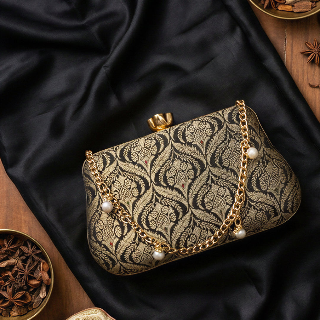 Black Golden Pure Banarasi Brocade 2-in-1 Clutch & Sling Bag with Diamond Top
