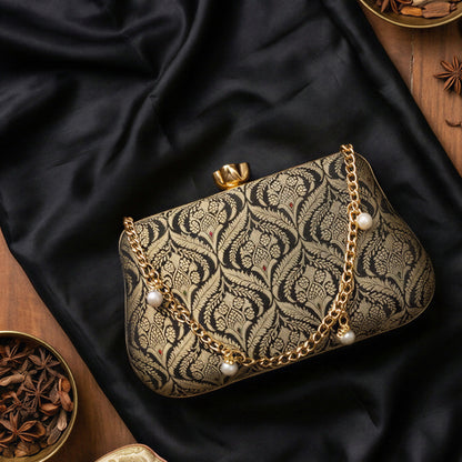 Black Golden Pure Banarasi Brocade 2-in-1 Clutch & Sling Bag with Diamond Top