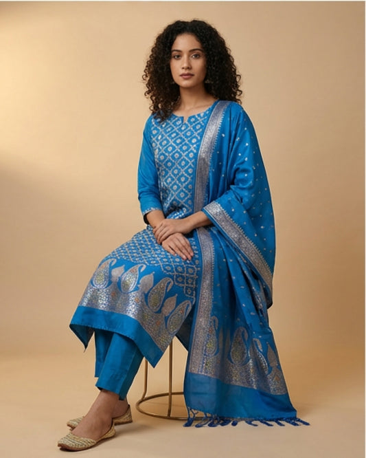 Exclusive Banarasi Katan Silk Zari Weaving 3-Piece Unstitched Salwar Suit (Royal Blue)