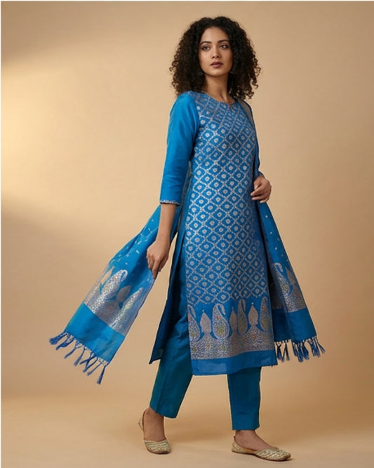 Exclusive Banarasi Katan Silk Zari Weaving 3-Piece Unstitched Salwar Suit (Royal Blue)