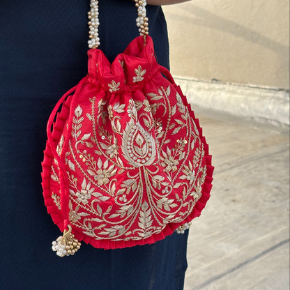 Bridal Red Silk Embroidered Potli Bag (With Handle)