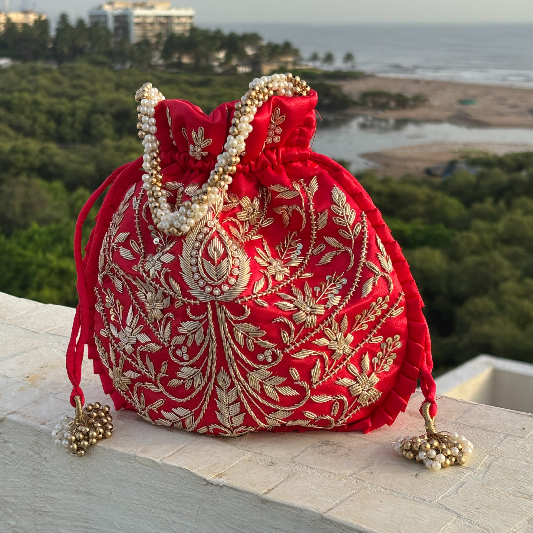 Bridal Red Silk Embroidered Potli Bag (With Handle)