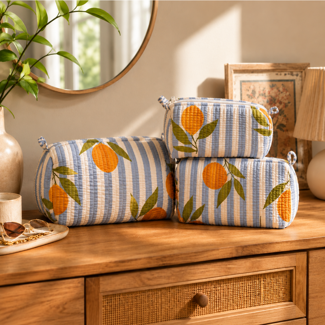3-Piece Quilted Cosmetic Organizer Pouch Set (Citrus Bloom)