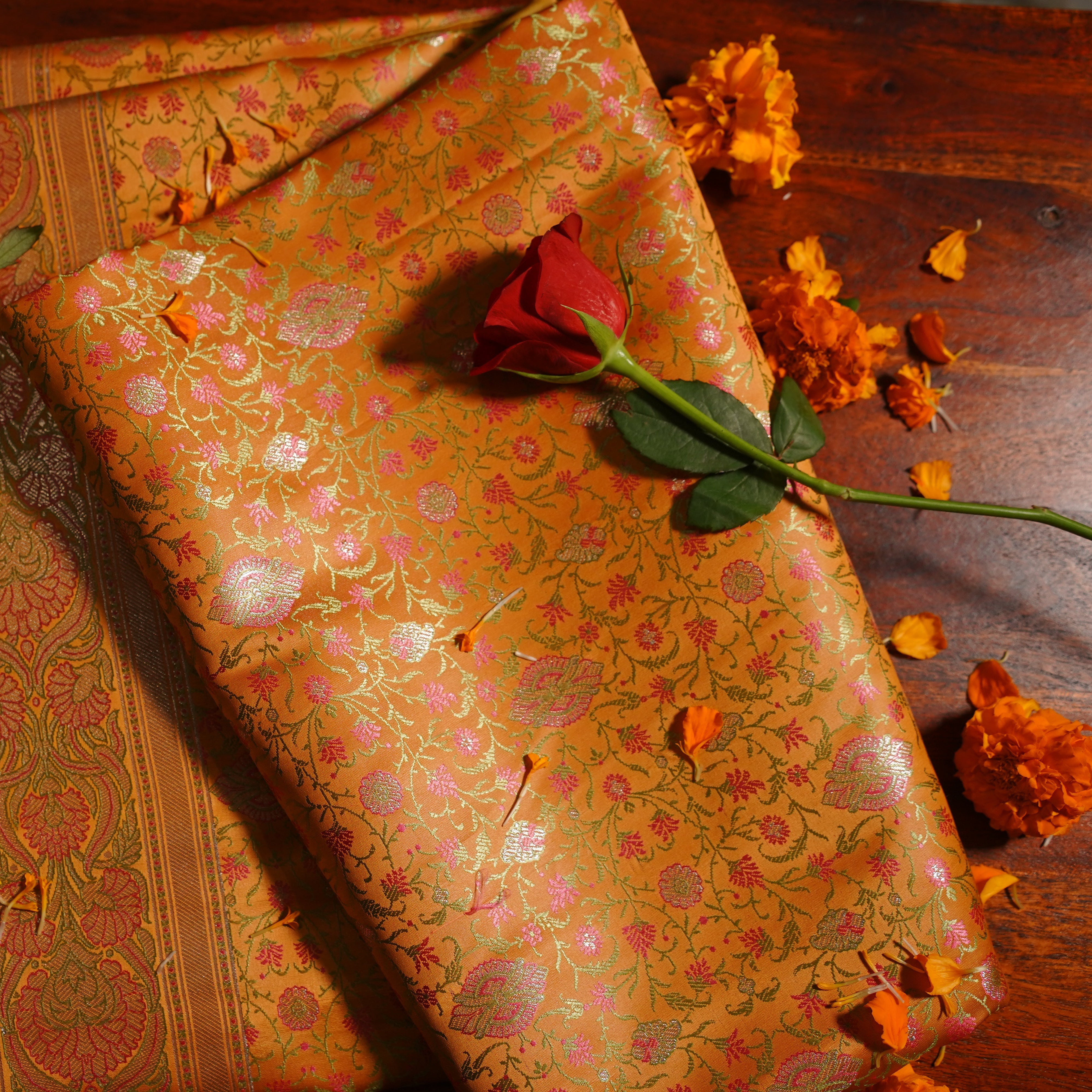 Deep yellow Soft Satin Silk Tanchoi Jamawar Banarasi Handloom Saree