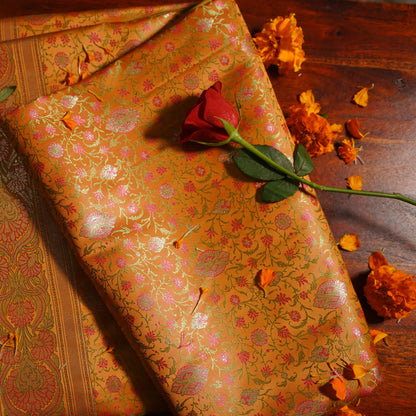 Deep yellow Soft Satin Silk Tanchoi Jamawar Banarasi Handloom Saree