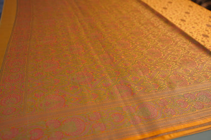 Deep yellow Soft Satin Silk Tanchoi Jamawar Banarasi Handloom Saree