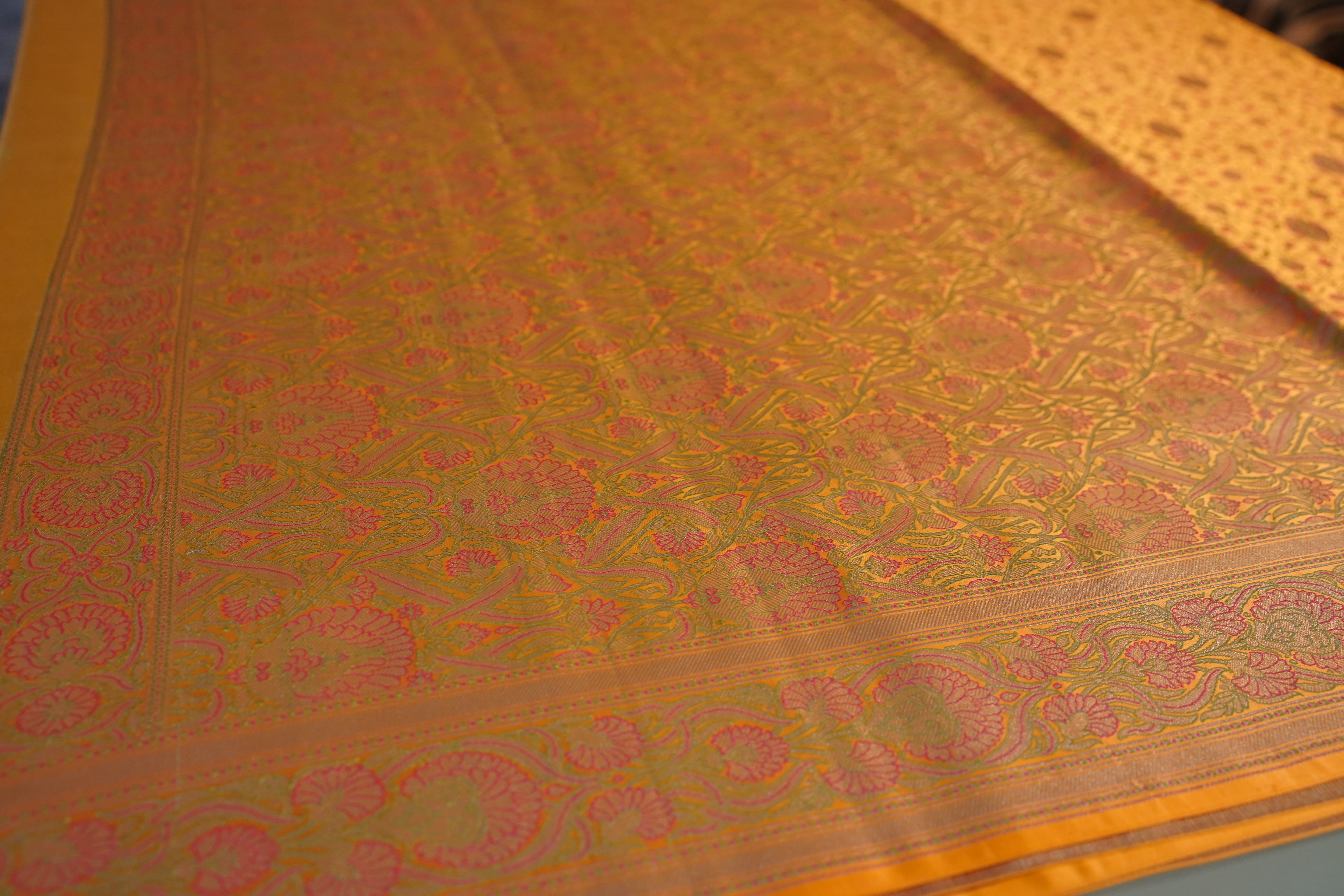 Deep yellow Soft Satin Silk Tanchoi Jamawar Banarasi Handloom Saree