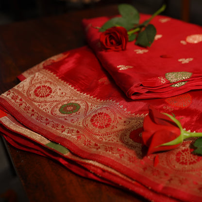 Cherry Red Banarasi Moonga Tissue Saree
