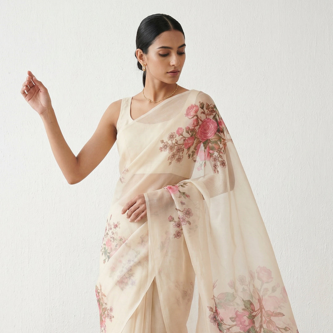 Cream Beige Organza Saree