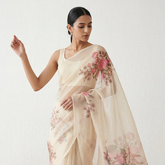 Cream Beige Organza Saree