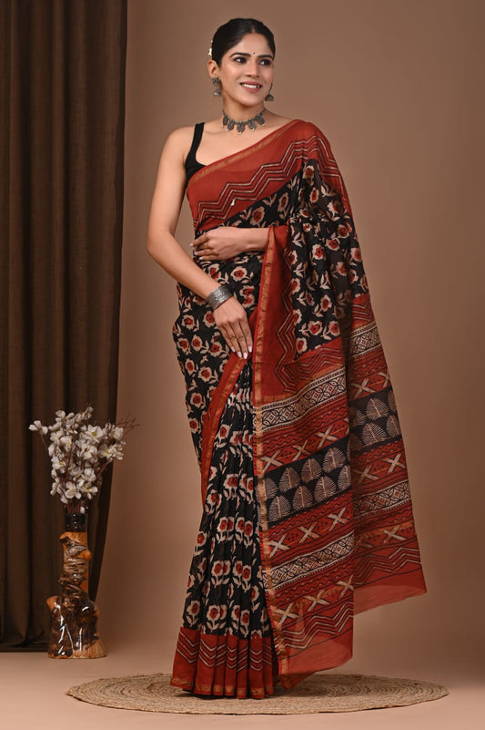 Crimson Clay Hand Block Printed Chanderi Silk Saree with Blouse | Natural Dye Chanderi Saree