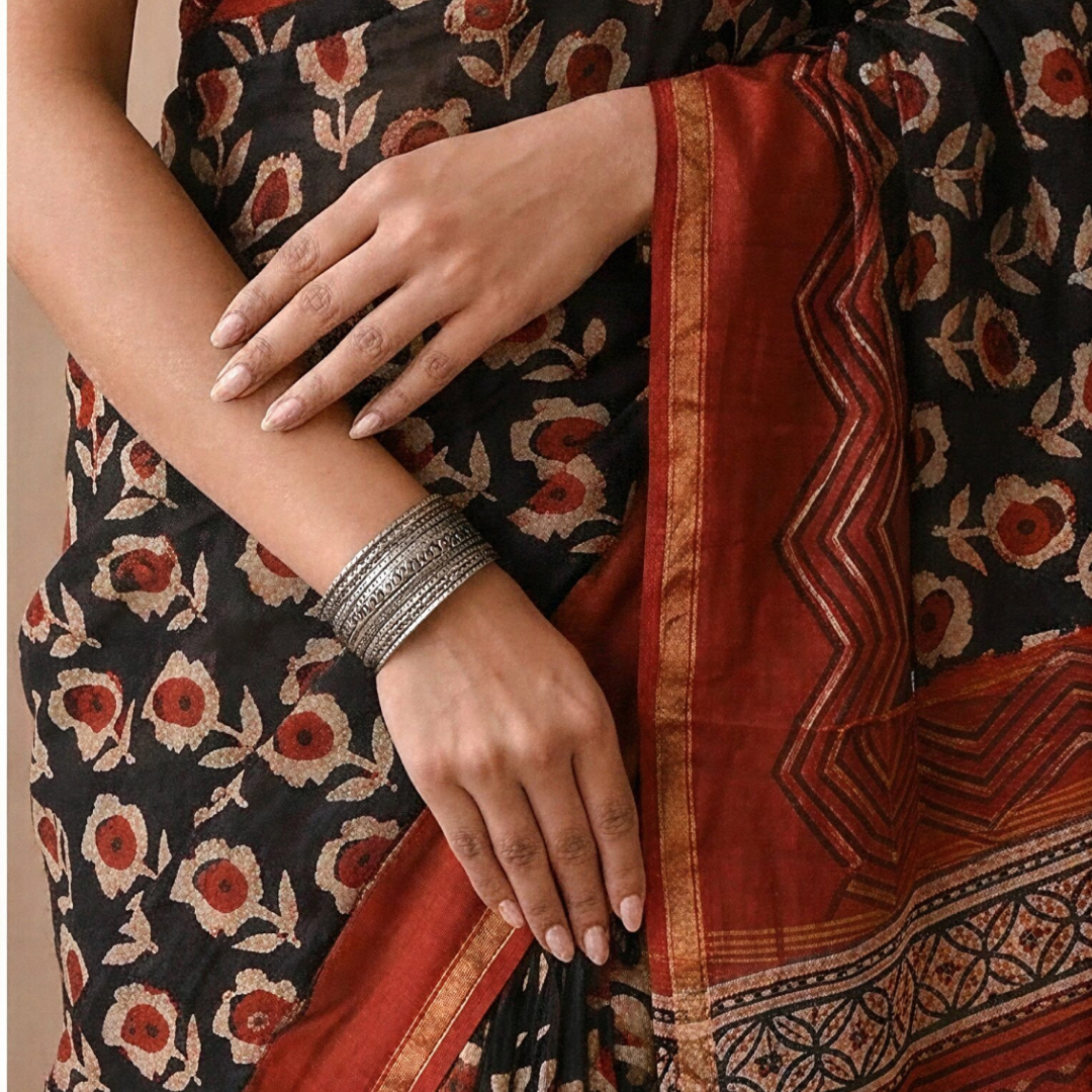 Crimson Clay Hand Block Printed Chanderi Silk Saree with Blouse | Natural Dye Chanderi Saree