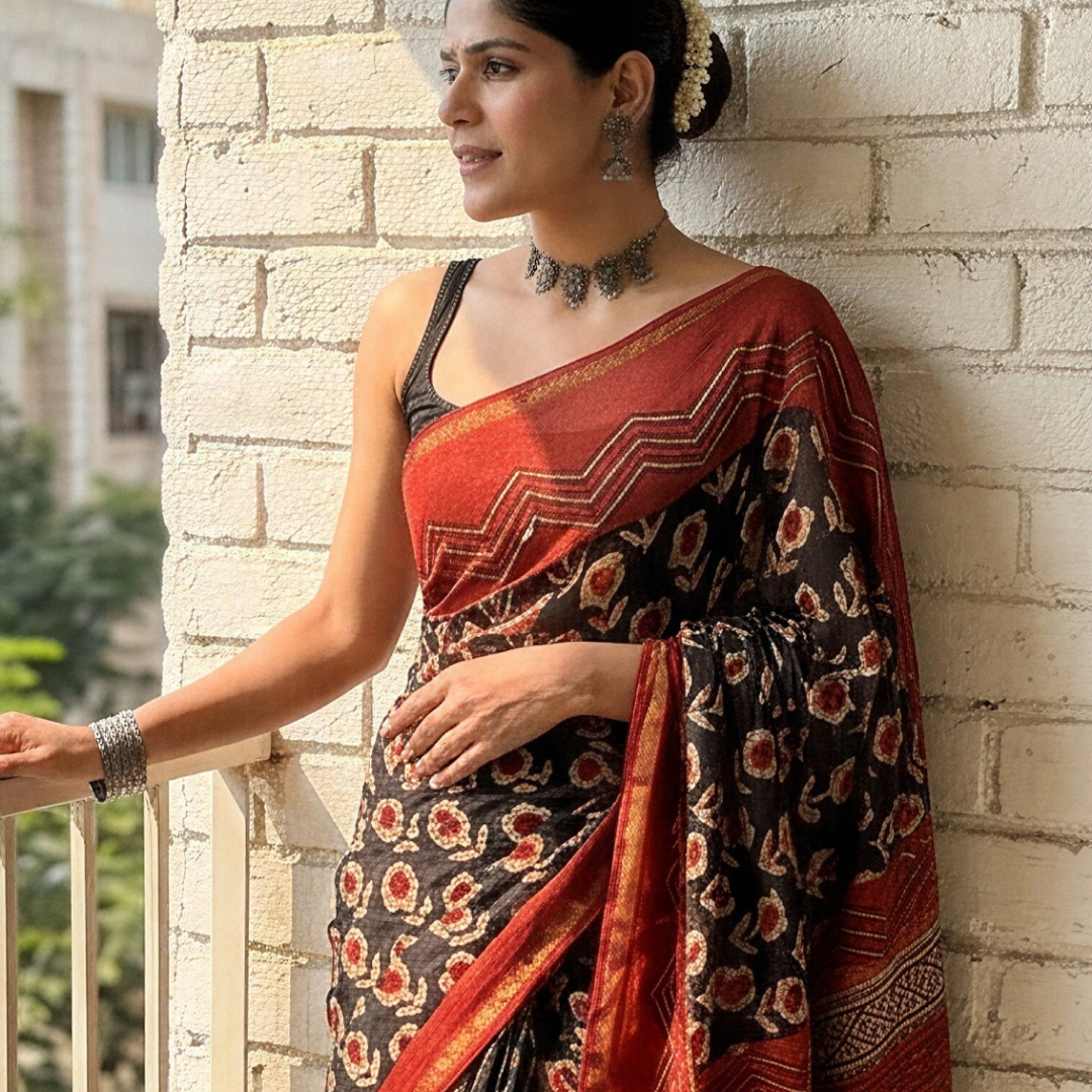 Crimson Clay Hand Block Printed Chanderi Silk Saree with Blouse | Natural Dye Chanderi Saree