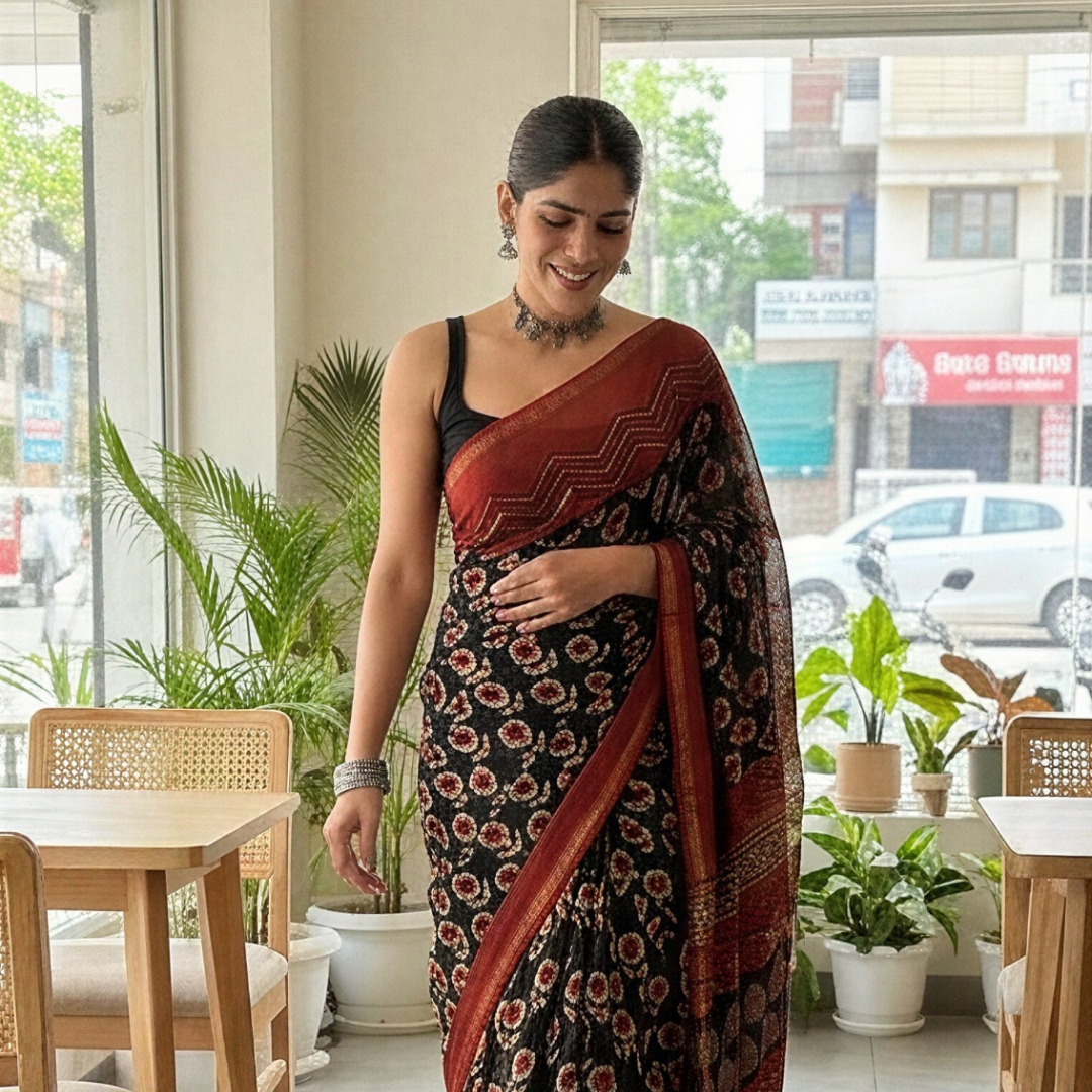 Crimson Clay Hand Block Printed Chanderi Silk Saree with Blouse | Natural Dye Chanderi Saree