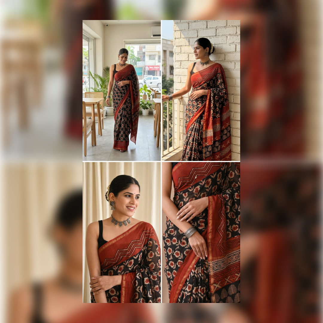 Crimson Clay Hand Block Printed Chanderi Silk Saree with Blouse | Natural Dye Chanderi Saree