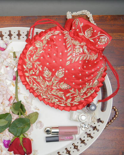 Crisp Red Silk Embroidered Potli Bag (With Handle)