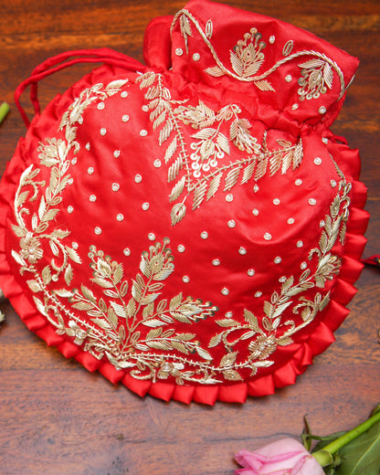 Crisp Red Silk Embroidered Potli Bag (With Handle)