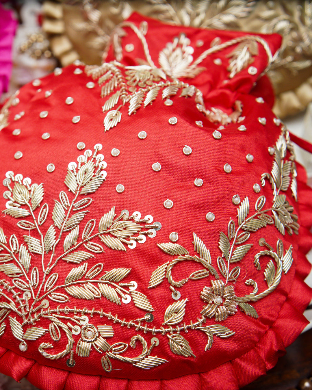 Crisp Red Silk Embroidered Potli Bag (With Handle)