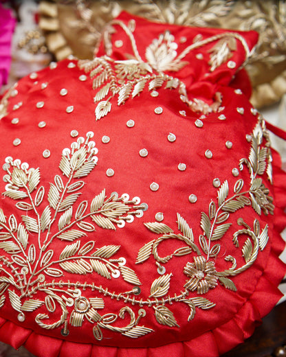 Crisp Red Silk Embroidered Potli Bag (With Handle)