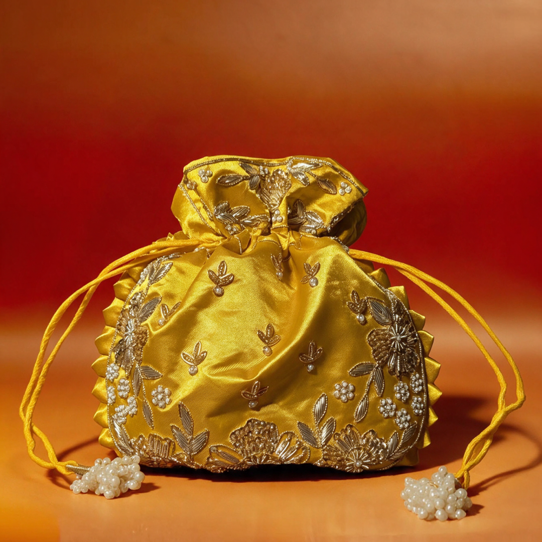 Yellow Silk Embroidered Women Potli Bag
