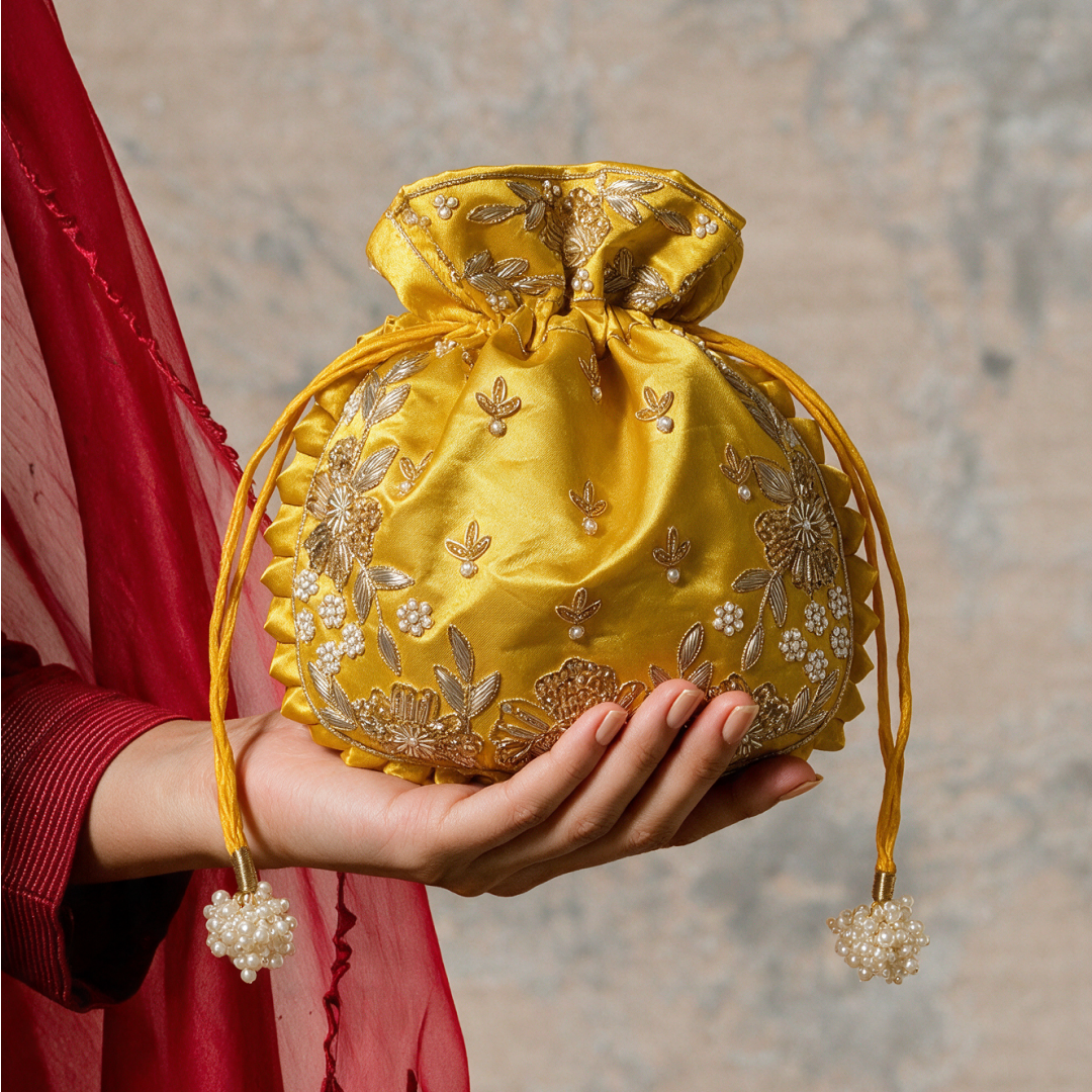 Yellow Silk Embroidered Women Potli Bag