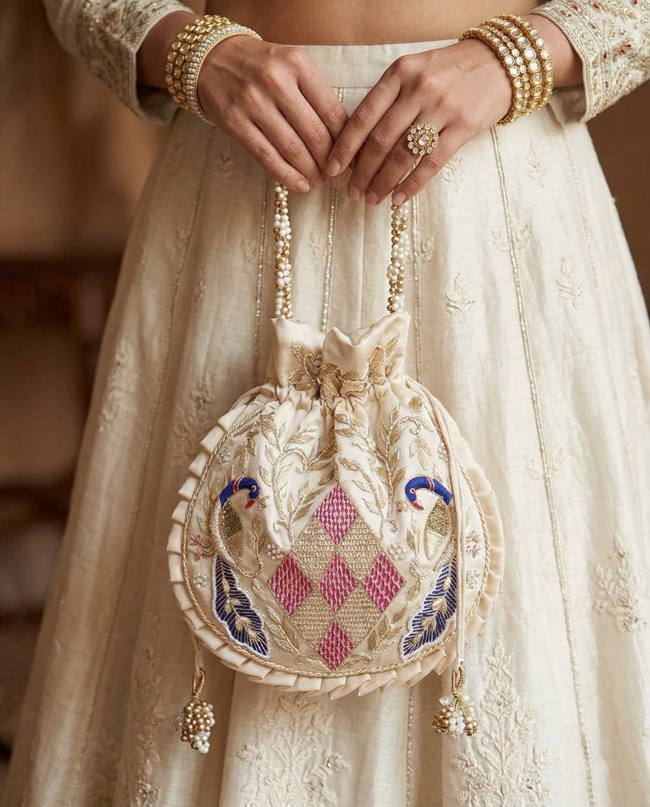 Peacock Off - White Silk Embroidered Women Potli Bag