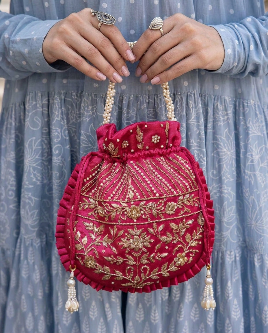 Gulabi Garnet Silk Embroidered Potli Bag (With Handle)