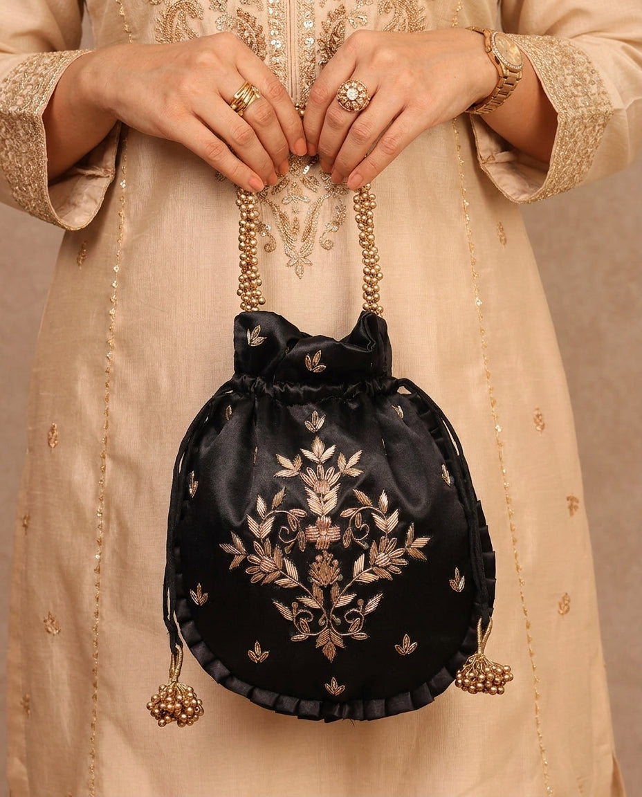 Obsidian Black With Gold Silk Embroidered Potli Bag (With Handle)
