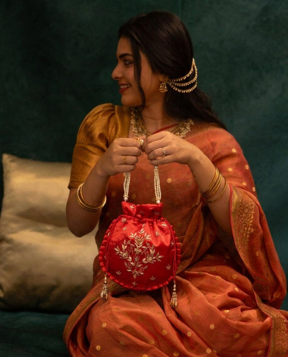 Scarlet Red Silk Embroidered Potli Bag (With Handle)