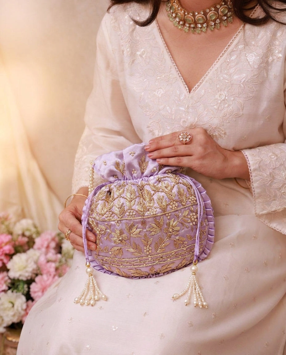 Lavender Silk Embroidered Women Potli Bag (With Handle)