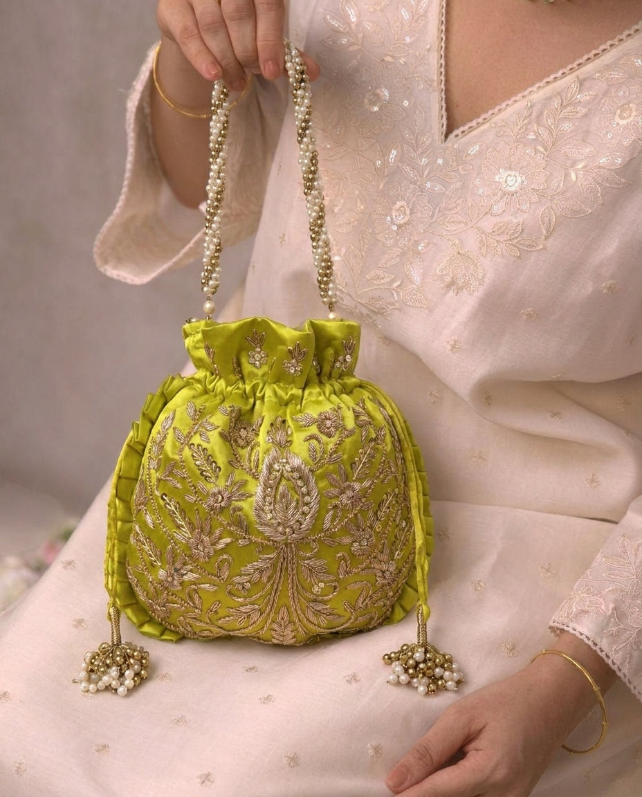 Lime Green Silk Embroidered Women Potli Bag (With Handle)
