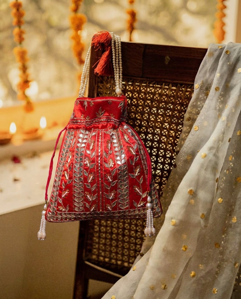 Utsav Red Gota Patti Silk Embroidered Potli Bag (With Handle)