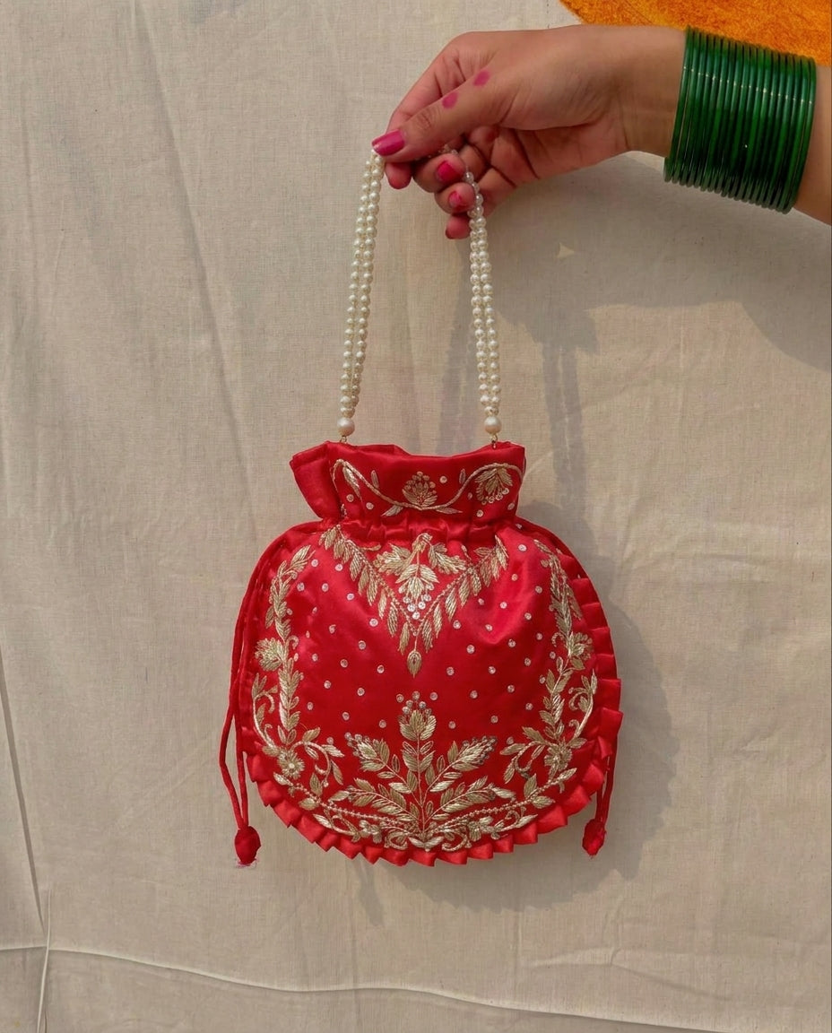 Crisp Red Silk Embroidered Potli Bag (With Handle)