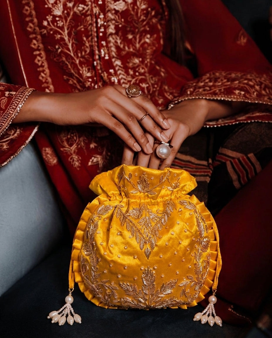 Sunlit Yellow Silk Embroidered Potli Bag (With Handle)