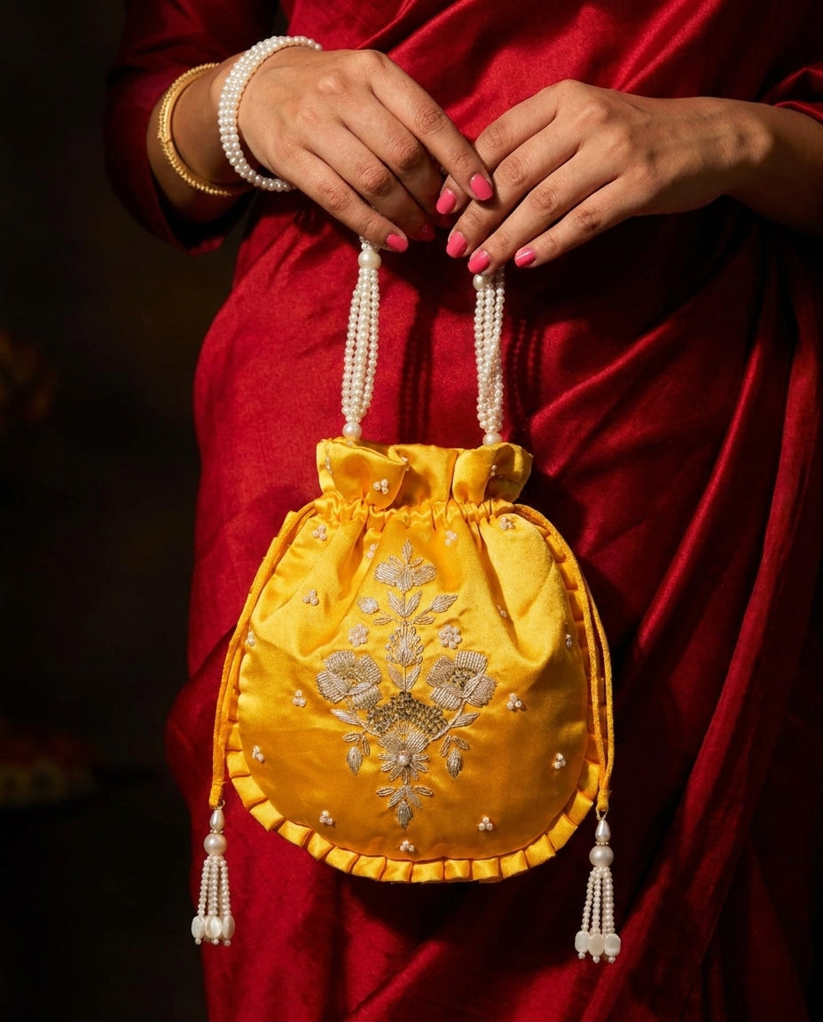 Basant Bahaar Yellow Silk Embroidered Potli Bag (With Handle)