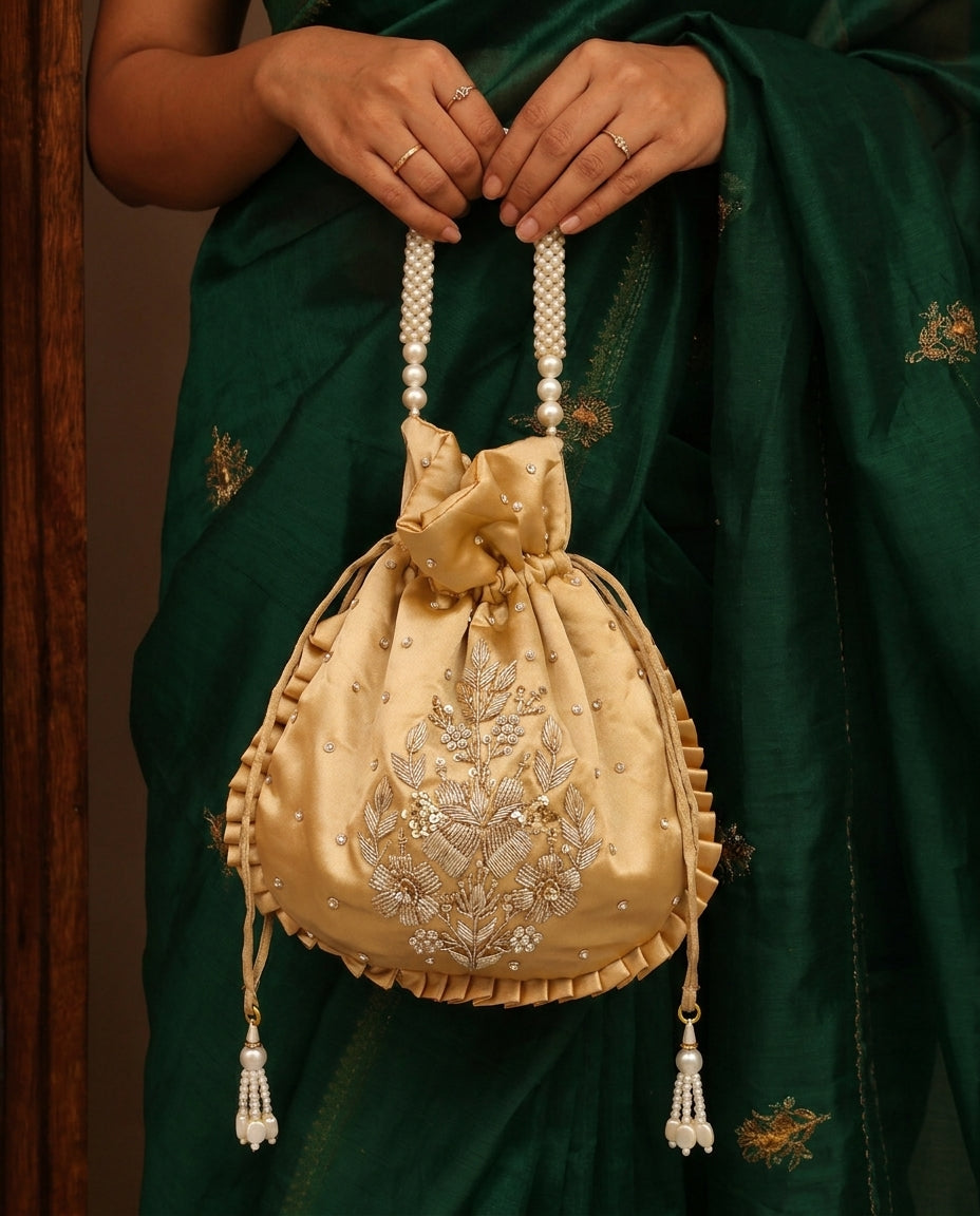 Beige Silk Embroidered Potli Bag (With Handle)
