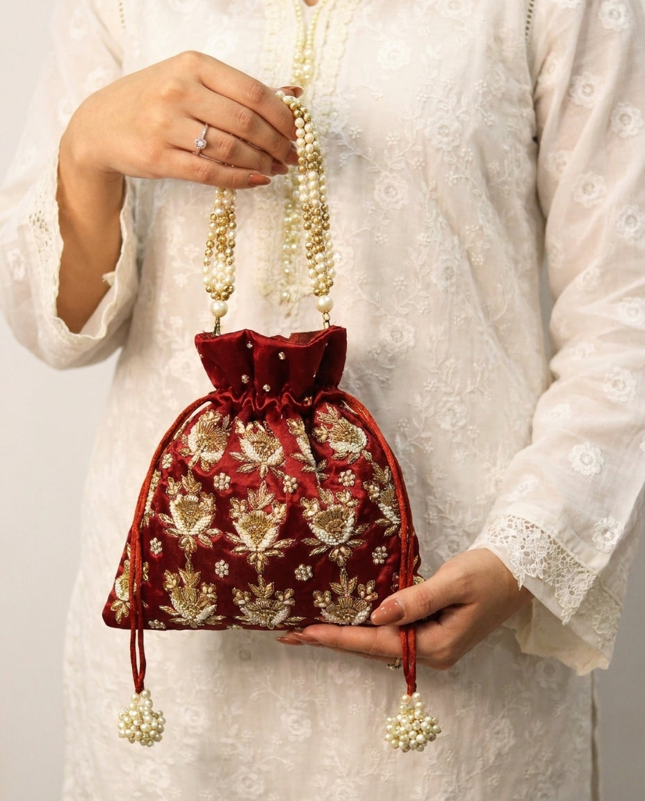 Maroon Silk Hand Embroidered Women Potli Bag
