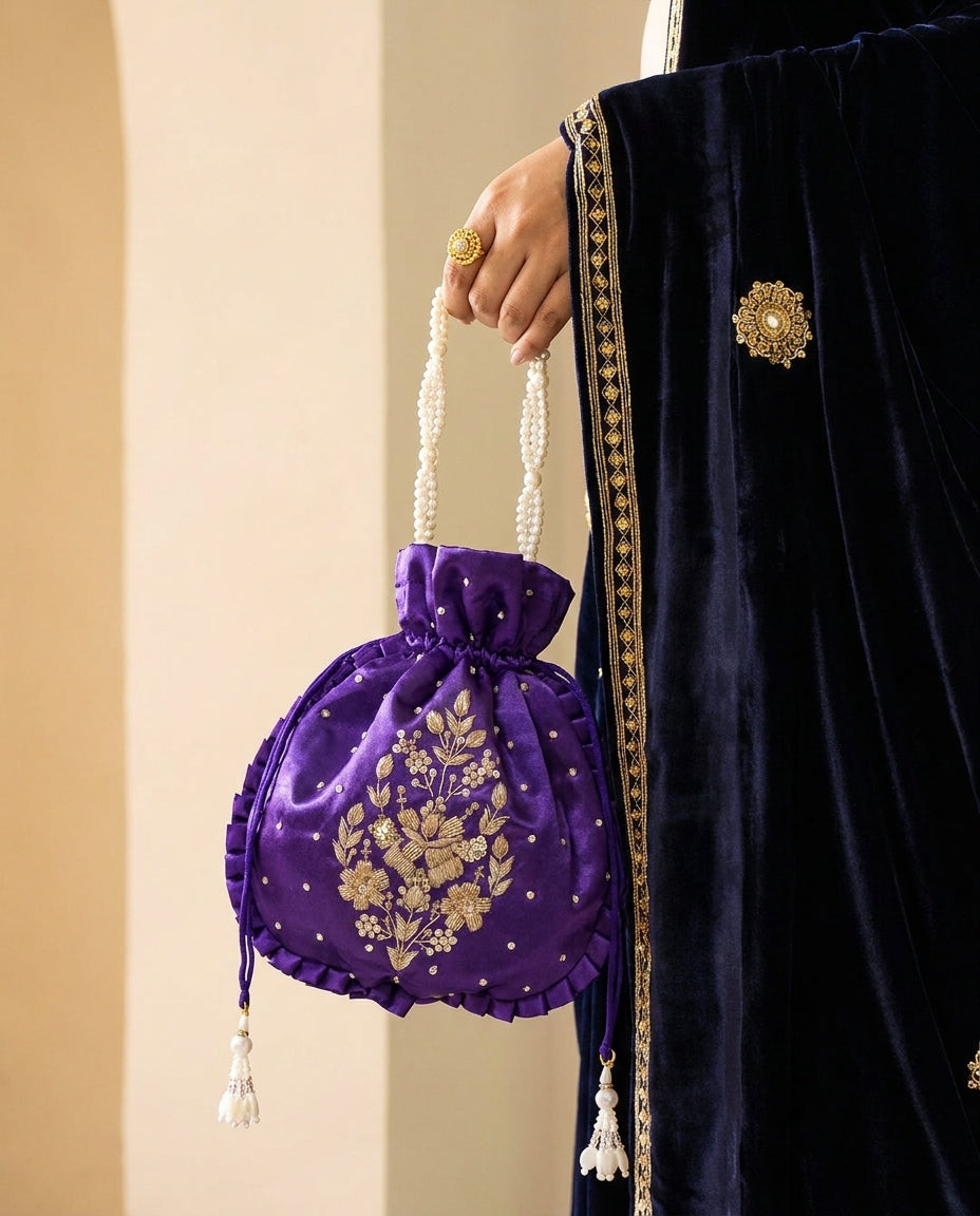 Velvet Indigo Silk Embroidered Potli Bag (With Handle)
