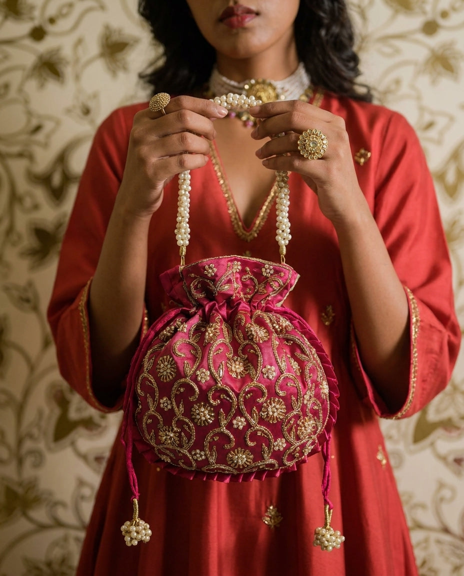 Rosy Pink Silk Embroidered Women Potli Bag