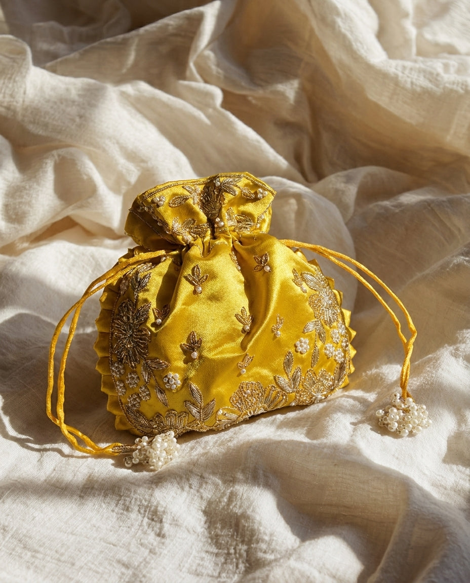 Yellow Silk Embroidered Women Potli Bag