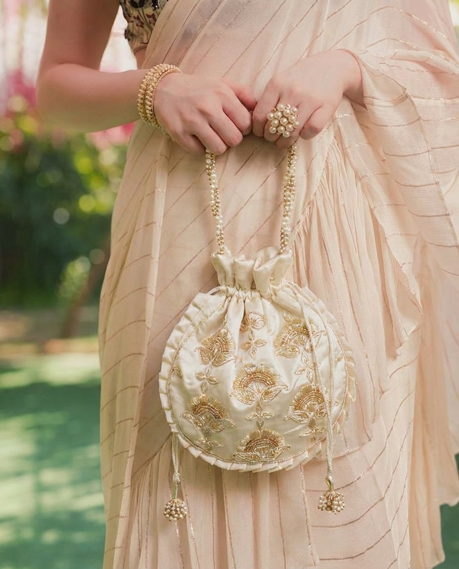 Beige Silk Embroidered Women Potli Bag