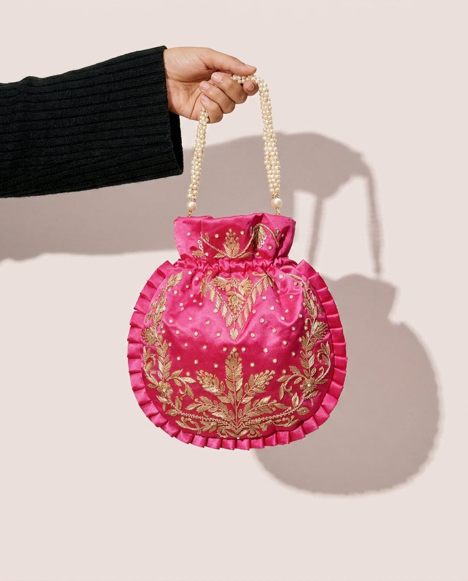 Dark Hot Pink Silk Embroidered Potli Bag (With Handle)