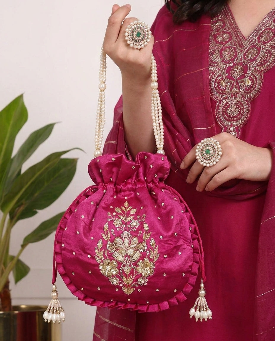 Magenta Rose Silk Embroidered Potli Bag (With Handle)