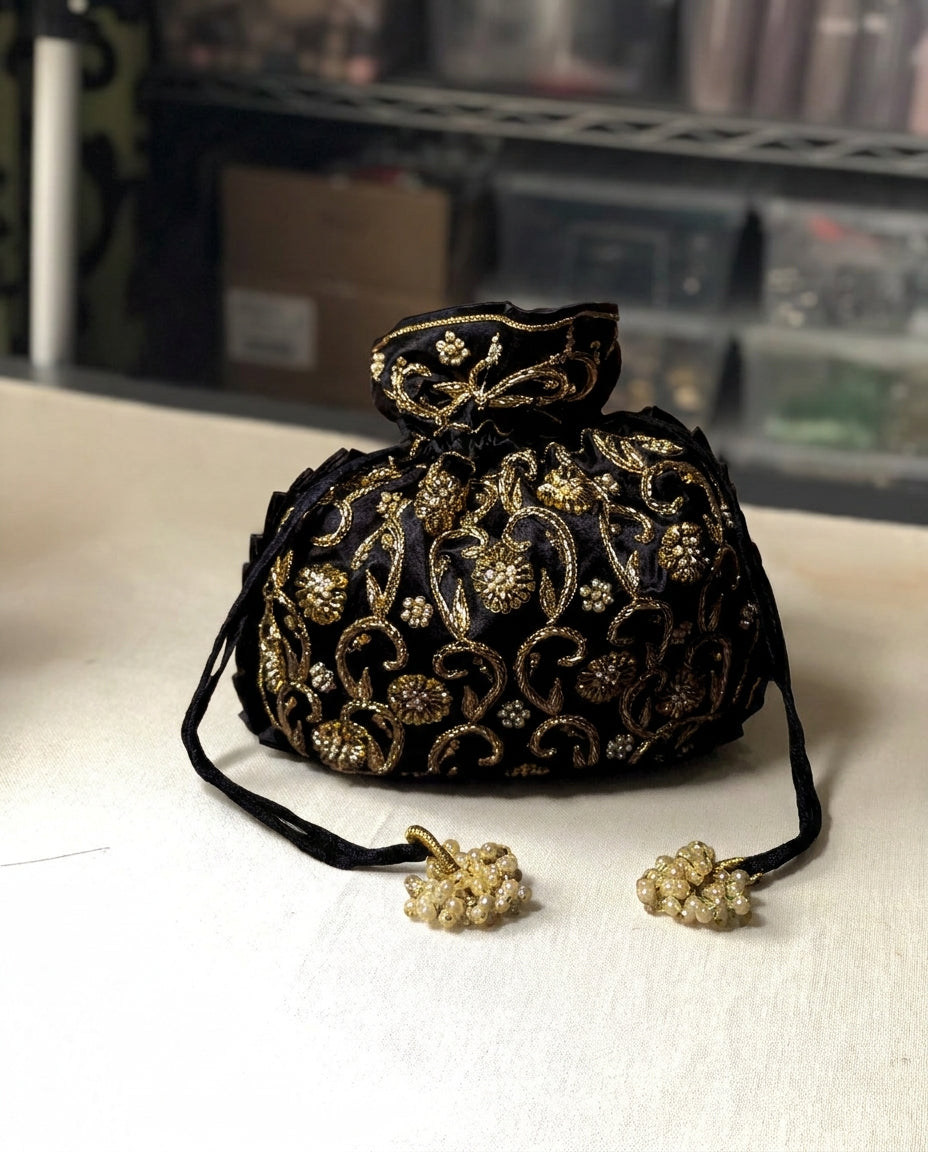 Black Silk Embroidered Women Potli Bag