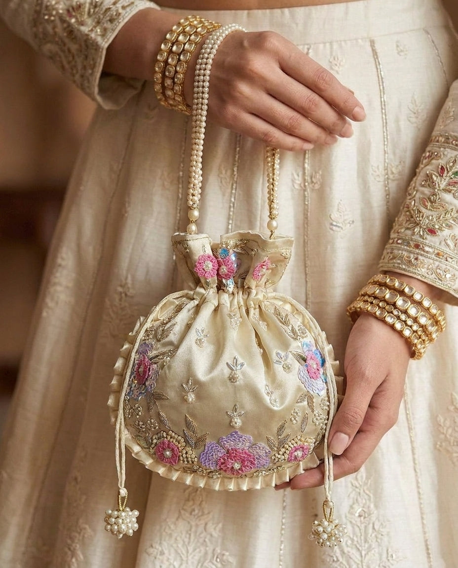 Floral Off-White Silk Embroidered Women Potli Bag