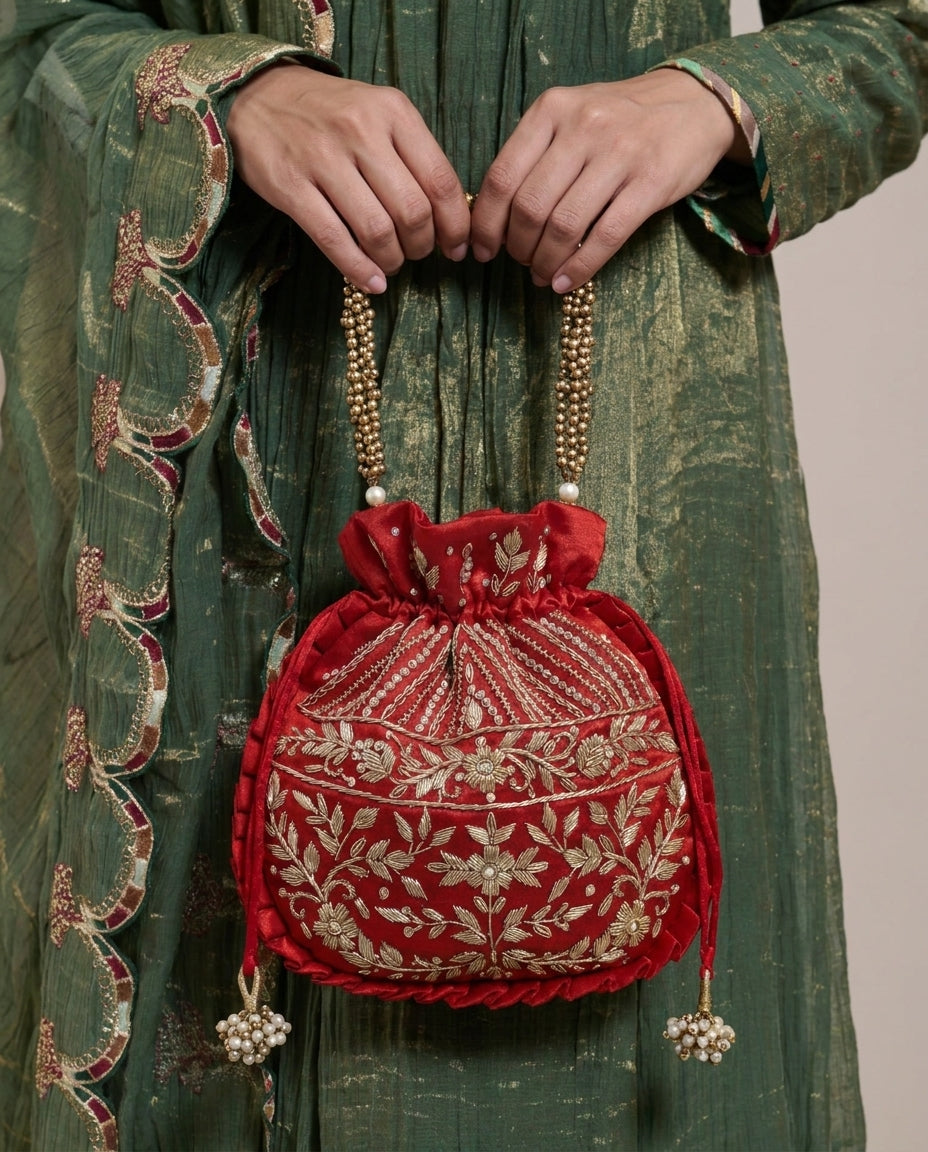 Sparkle Red Silk Embroidered Potli Bag (With Handle)