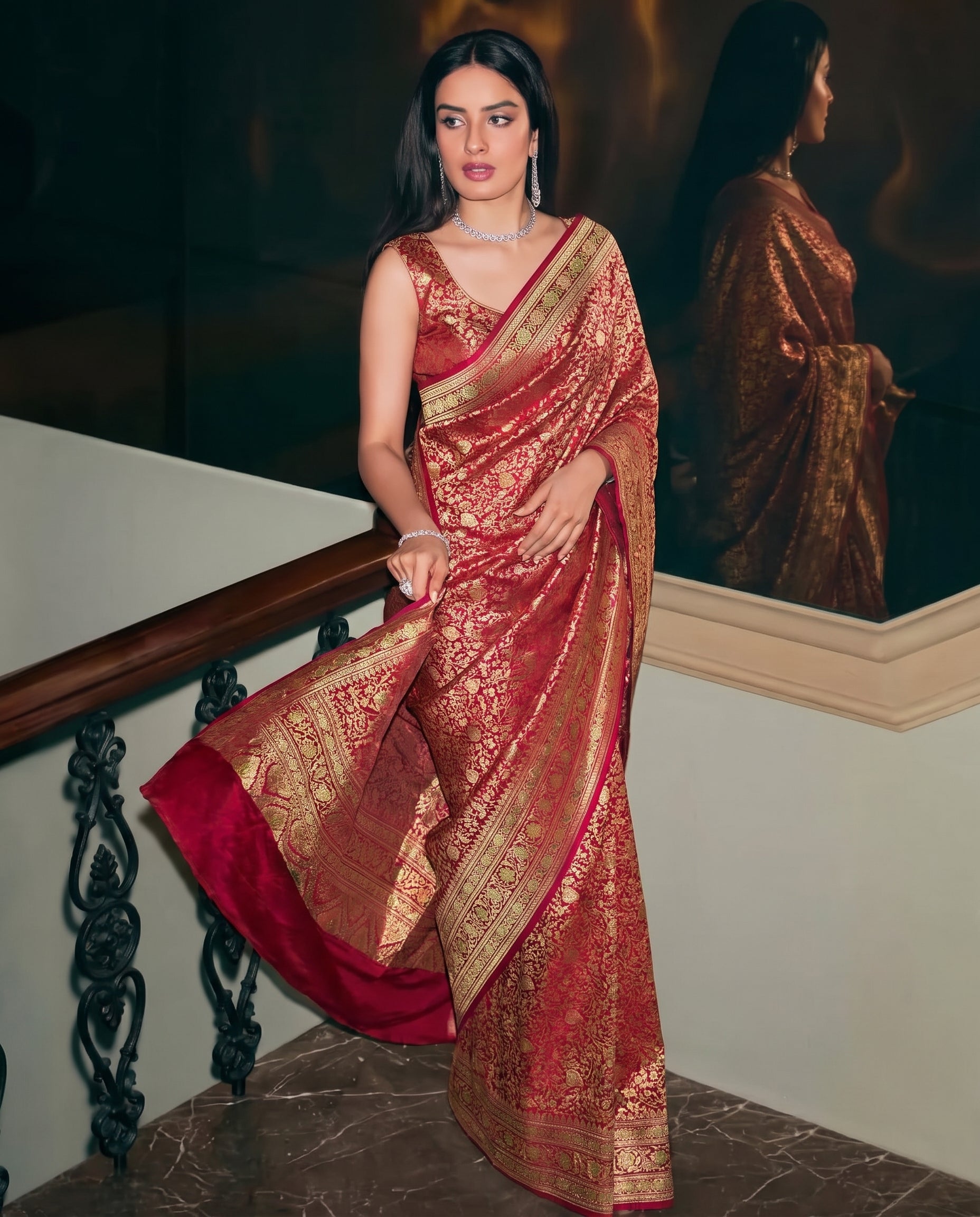 Pink Soft Satin Silk Tanchoi Jamawar Banarasi Pure Handloom Saree