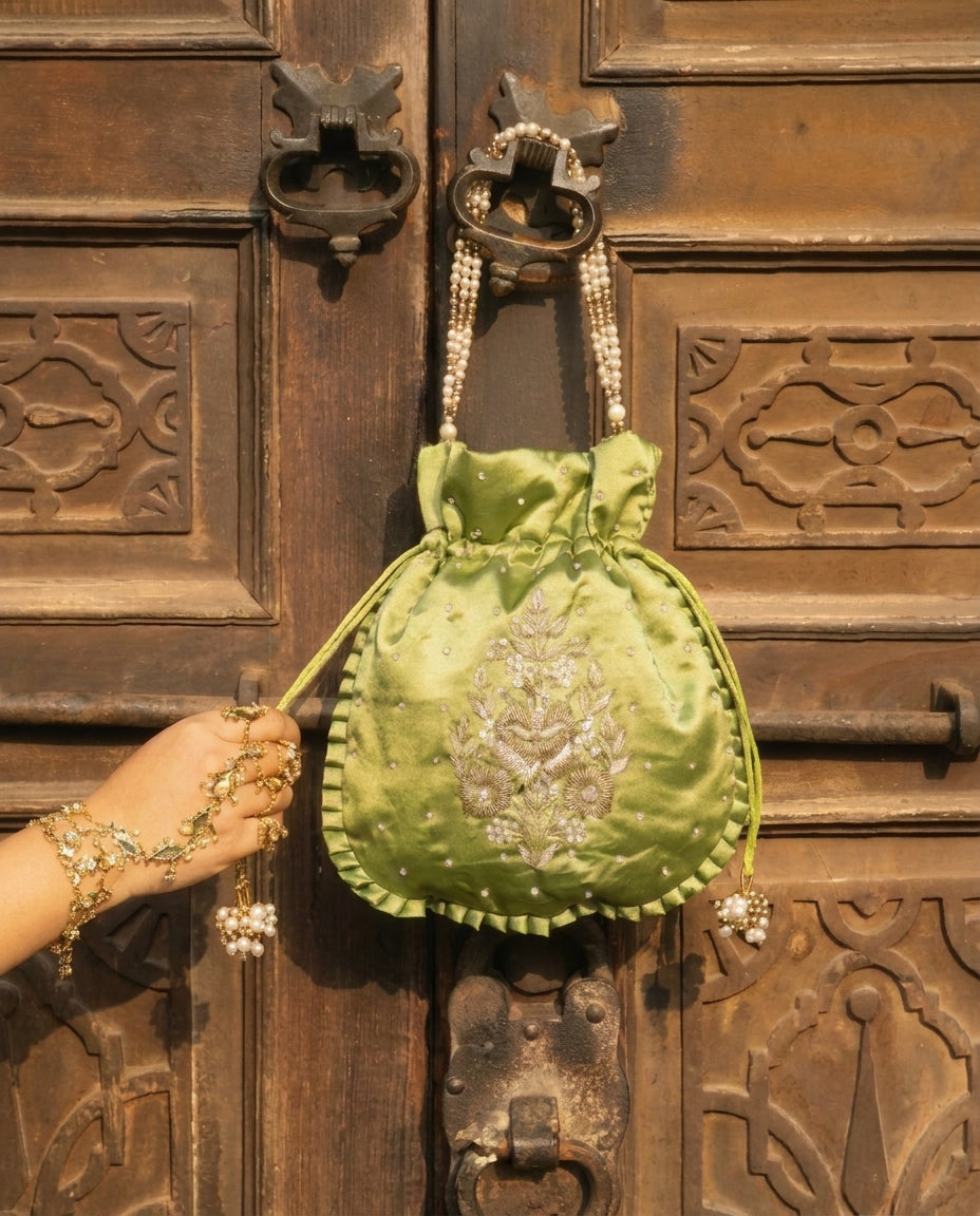 Pistachio Green Silk Embroidered Potli Bag (With Handle)